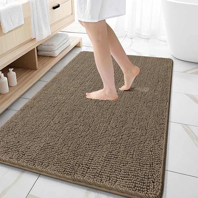 OLANLY Large Bathroom Rugs 59x35, Extra Soft Absorbent Chenille Bath Rugs | Tan, Quick-Drying Rubber Backing, Machine Washable Bath Mat for Bathroom Floor, Tub and Shower, Home Decor Accessories