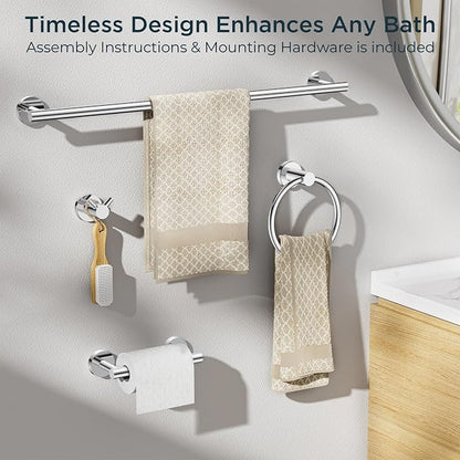 FORIOUS Bathroom Accessories, 4-Piece Bathroom Hardware Set - 24" Towel Bar | Chrome | Towel Hooks, Towel Racks for Bathroom, Toilet Paper Holder Wall Mounted & Towel Ring | SUS304 Stainless Steel