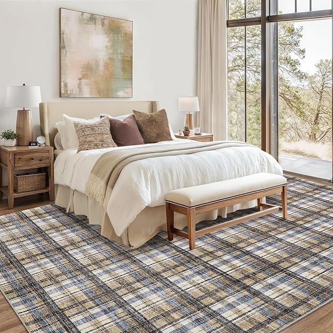 Washable Rug 9x12 Area Rug for Living Room Modern Bedroom Rug Large Area Rug Non Slip Throw Rugs Soft Low Pile Stain Resistant Carpet for Dining Room Department Dorm, 9'x12' Blue&Camel