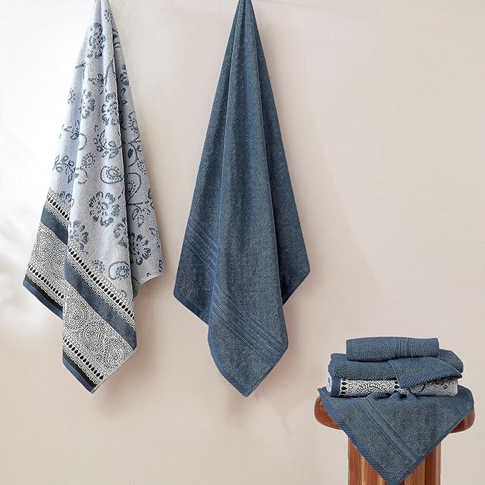 Modern Threads Floral Trail 6-Piece 100% Cotton Towel Set – Reversible Yarn Dyed Jacquard – Includes 2 Bath Towels, 2 Hand Towels, 2 Washcloths – Absorbent, Quick Dry, Soft & Durable – Navy