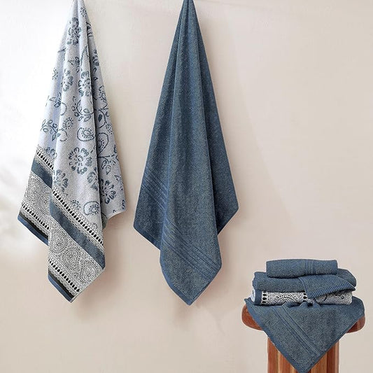 Modern Threads Floral Trail 6-Piece 100% Cotton Towel Set – Reversible Yarn Dyed Jacquard – Includes 2 Bath Towels, 2 Hand Towels, 2 Washcloths – Absorbent, Quick Dry, Soft & Durable – Navy