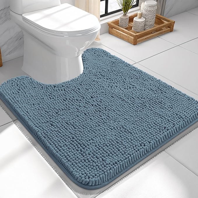 OLANLY Toilet Rugs U-Shaped 24x24, Soft Absorbent Chenille Contour Rugs | Airy Blue, Quick-Drying Rubber Backing, Machine Washable Non-Slip Shaggy Bathroom Mat for Toilet, Home Decor Accessories