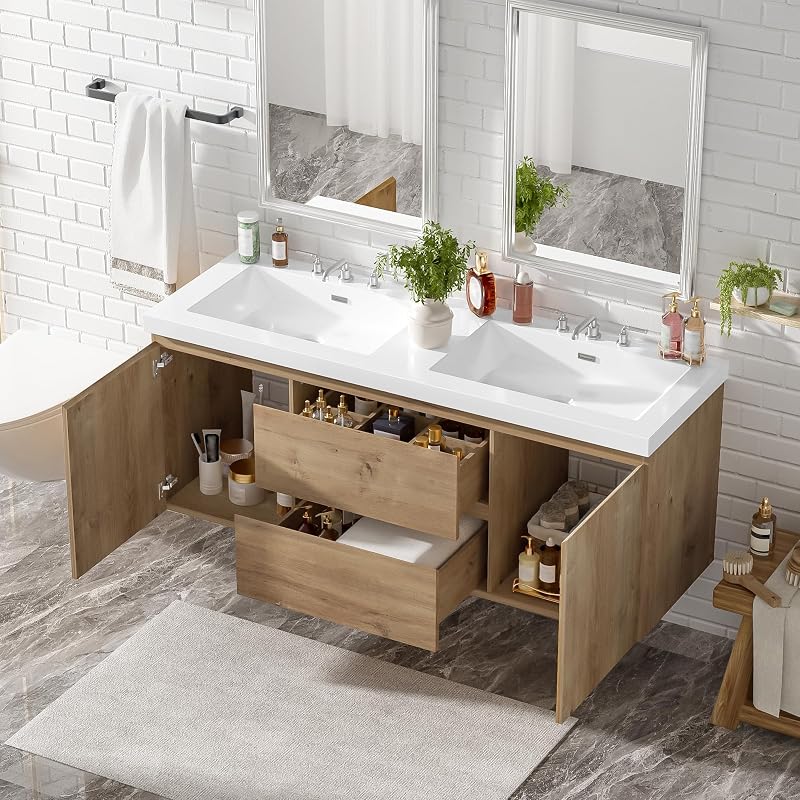 Modern Floating Natural Bathroom Vanity 60 Inch with Dual Sink, SMC Sink Top and Divided Drawers, Elegant Storage Cabinet with No Handle Design and Soft Close Doors for Large Bathrooms
