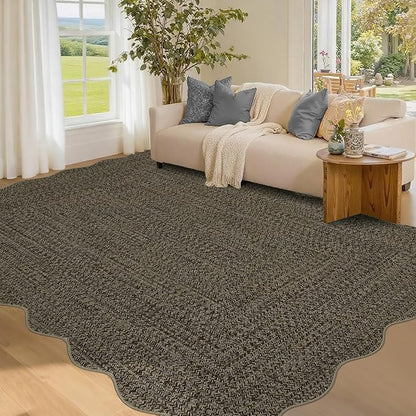 Imitation Braided Collection-Print 4x6 Washable Entryway Rug Scalloped Bedroom Rugs with Non Slip Rubber Backing, Farmhouse Soft Low Pile Rustic Accent Rug for Entrance Living Room Home Decor