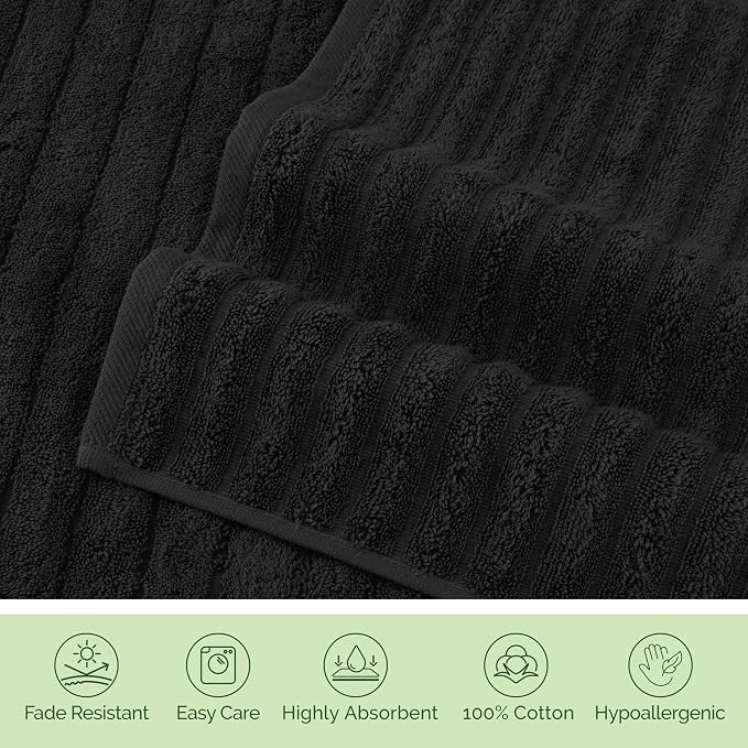 Elegant Comfort 100% Turkish Cotton Corduroy Ribbed Luxury Soft 2 Pack Bath Towels 27 x 54 Inch - Ultra Plush, Absorbent, Quick Dry, Hotel Spa Quality Towels for Bathroom Essentials, Black