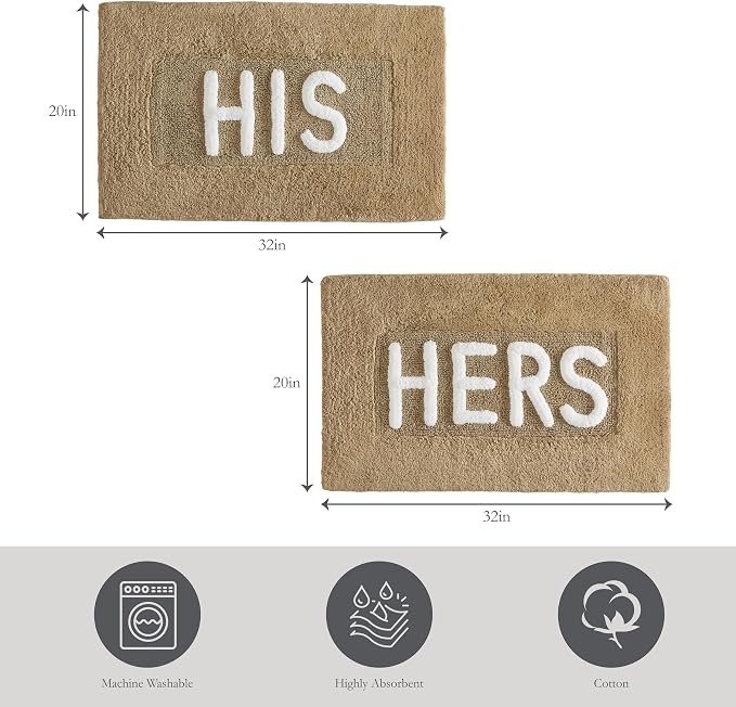 Creative Home Ideas Cotton 2-Piece Bath Rug Set - Soft Cotton Bath Mat - Bathroom Decor - Water Absorbent and Machine Washable - Measures 20"x32" - "His & Hers" - Linen