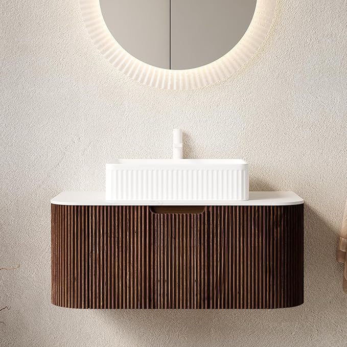 Yayzy 36" Floating Bathroom Vanity with Sink, Solid Wood Fluted Cabinet, White Fluted Square Ceramic Basin & Faux Marble Top, Soft-Close Drawer, Pre-Assembled, Walnut Woodgrain