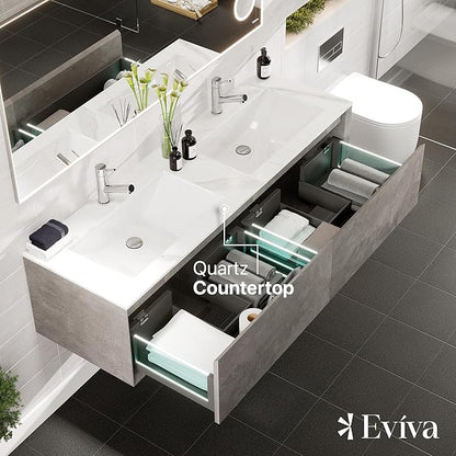 Eviva Aurora 60 in. Concrete Gray Wall Mount Double Sink Bath Vanity with Carrara Quartz Top