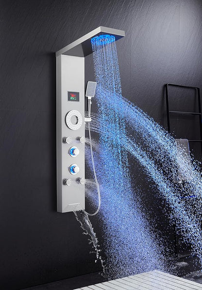 LED Shower Panel Tower System, Stainless Steel Rainfall & Mist Shower Tower, 5 Body Jets, Handheld Shower, Tub Spout and Hydroelectricity Temperature Display, Brushed Nickel