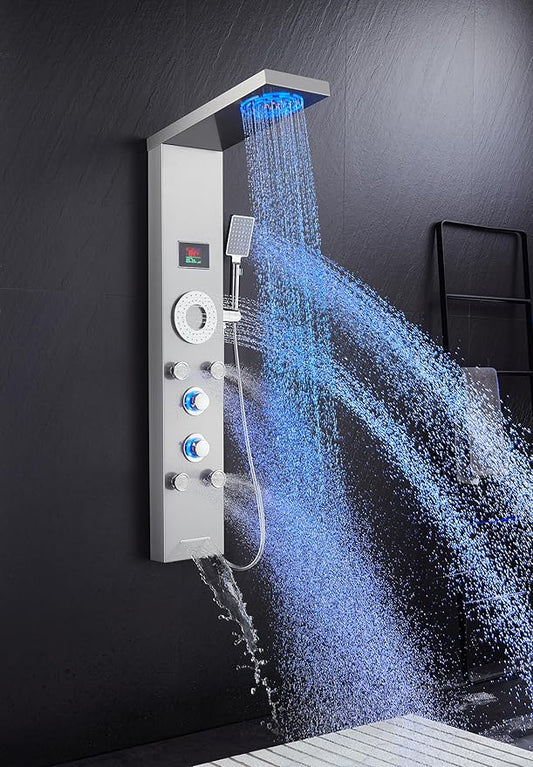LED Shower Panel Tower System, Stainless Steel Rainfall & Mist Shower Tower, 5 Body Jets, Handheld Shower, Tub Spout and Hydroelectricity Temperature Display, Brushed Nickel