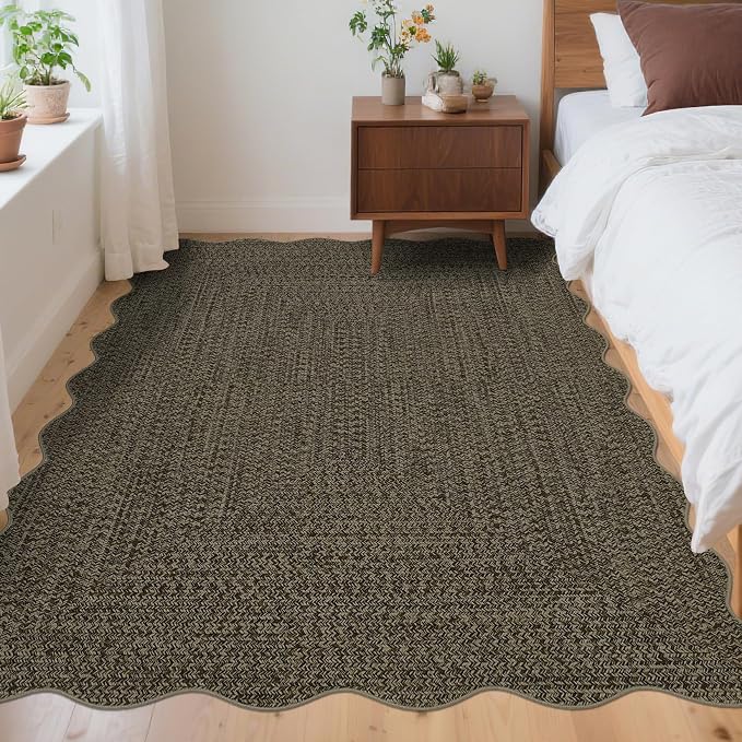 Imitation Braided Collection-Print 4x6 Washable Entryway Rug Scalloped Bedroom Rugs with Non Slip Rubber Backing, Farmhouse Soft Low Pile Rustic Accent Rug for Entrance Living Room Home Decor