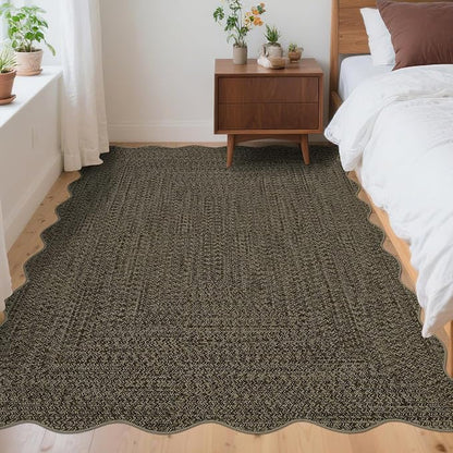 Imitation Braided Collection-Print 4x6 Washable Entryway Rug Scalloped Bedroom Rugs with Non Slip Rubber Backing, Farmhouse Soft Low Pile Rustic Accent Rug for Entrance Living Room Home Decor