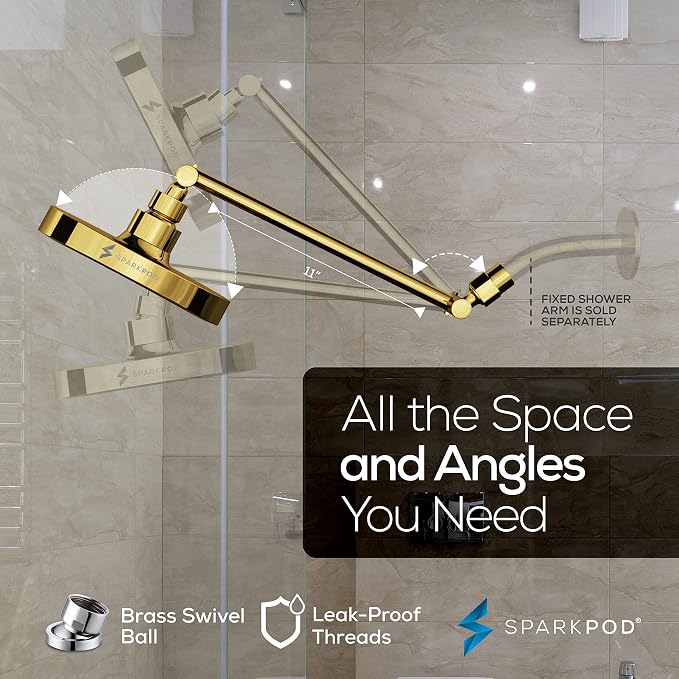 SparkPod 6" Round Rain Shower Head with 11" Shower Arm | Shower Head & Extension Arm Combo, Height Adjustable, High Pressure Performance, Easy 1-Minute Installation, Egyptian Gold