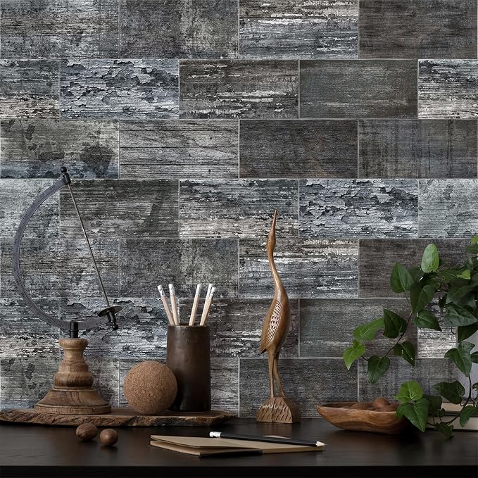 URCOLOR 32-Piece Peel and Stick Backsplash Wall Tile, 4"x 8" PVC Distressed Rustic Gray Blue Wood Stick on Tiles for Kitchen, Bathroom, Laundry Room, Camper, Fireplace