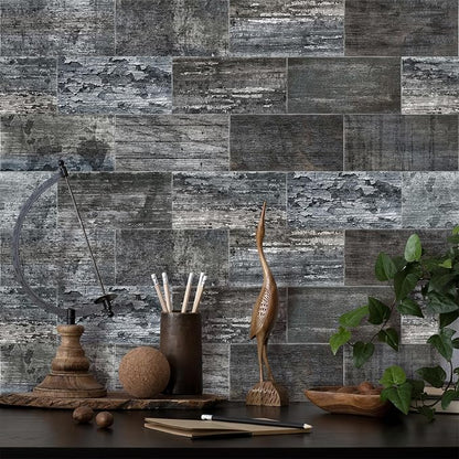 URCOLOR 32-Piece Peel and Stick Backsplash Wall Tile, 4"x 8" PVC Distressed Rustic Gray Blue Wood Stick on Tiles for Kitchen, Bathroom, Laundry Room, Camper, Fireplace