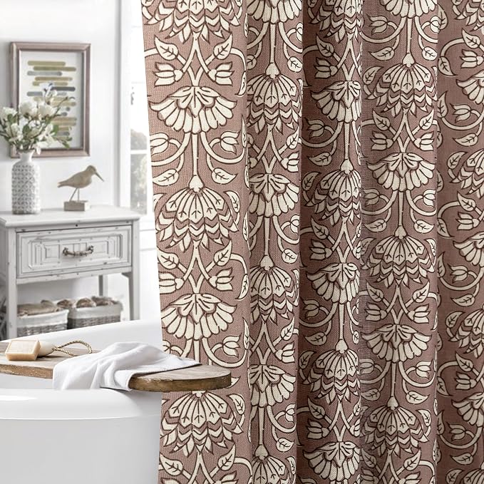 MUGINYU Camel Shower Curtain Vintage Floral Block Print - 72x72 Inches,Cotton Blend Cloth Fabric,Neutral Farmhouse Decorative French Country Bathroom Decor, Cottagecore Aesthetic Pattern