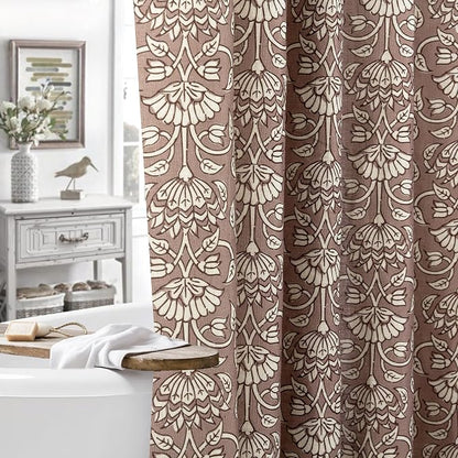 MUGINYU Camel Shower Curtain Vintage Floral Block Print - 72x72 Inches,Cotton Blend Cloth Fabric,Neutral Farmhouse Decorative French Country Bathroom Decor, Cottagecore Aesthetic Pattern