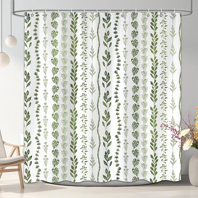 Boho Shower Curtain Waterproof Fabric Bath Curtain with Hooks 72x72 inch，Sage Green Modern Farmhouse Bathroom Decor