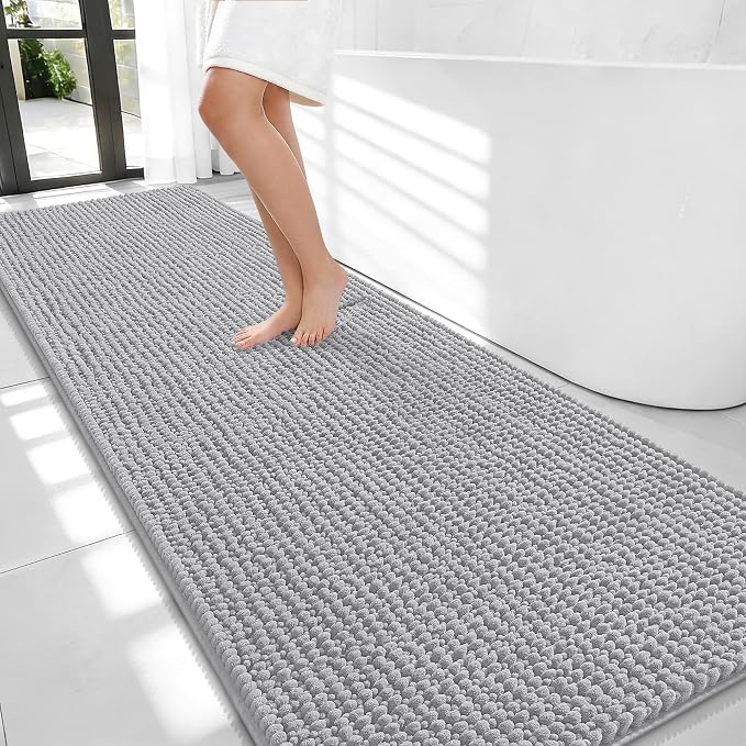 OLANLY Thick Chenille Bathroom Runner Rugs Mats 70x24, Light Grey | Soft Absorbent Bath Rugs, Rubber Backing, Machine Wash Dry, Bath Mats for Bathroom, Tub and Shower, Home Decor Accessories