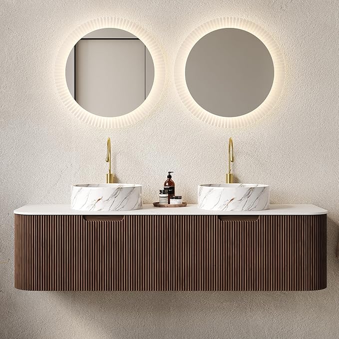 Yayzy 60" Floating Bathroom Vanity with Sink, Solid Wood Fluted Cabinet, White Marble-Patterned Ceramic Basin & Faux Marble Top, Soft-Close Drawer, Pre-Assembled, Walnut Woodgrain