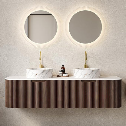 Yayzy 60" Floating Bathroom Vanity with Sink, Solid Wood Fluted Cabinet, White Marble-Patterned Ceramic Basin & Faux Marble Top, Soft-Close Drawer, Pre-Assembled, Walnut Woodgrain
