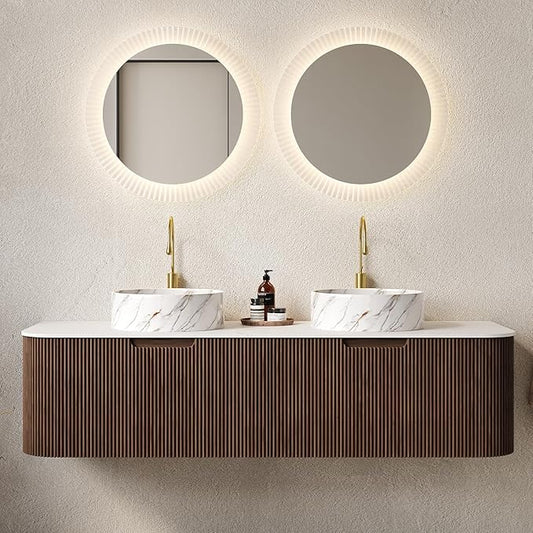 Yayzy 60" Floating Bathroom Vanity with Sink, Solid Wood Fluted Cabinet, White Marble-Patterned Ceramic Basin & Faux Marble Top, Soft-Close Drawer, Pre-Assembled, Walnut Woodgrain