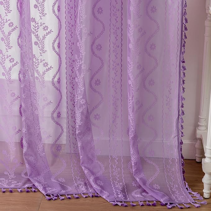WAZZIO Purple Lace Shower Curtain for Bathroom 72" W x 72" L, Victorian Farmhouse Floral Pattern Tassel Fancy Shower Curtain Boho Washable Cloth Decorative Bath Curtains,1 Panel
