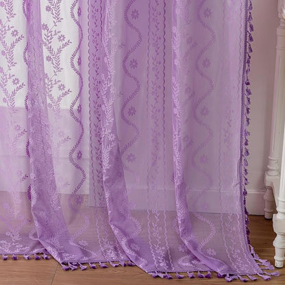 WAZZIO Purple Lace Shower Curtain for Bathroom 72" W x 84" L, Victorian Farmhouse Floral Pattern Tassel Fancy Shower Curtain Boho Washable Cloth Decorative Bath Curtains,1 Panel