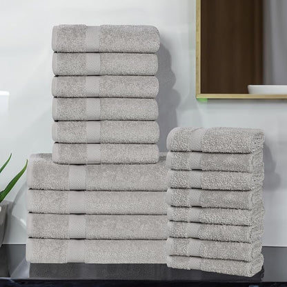 SUPERIOR 18-Piece Cotton Assorted Towel Set, Includes 8 Face Towel, 6 Hand, and 4 Bath Towels, Home, Bathroom, Guest Bath Essentials, Quick Dry, Absorbent, Franklin Collection - Silver