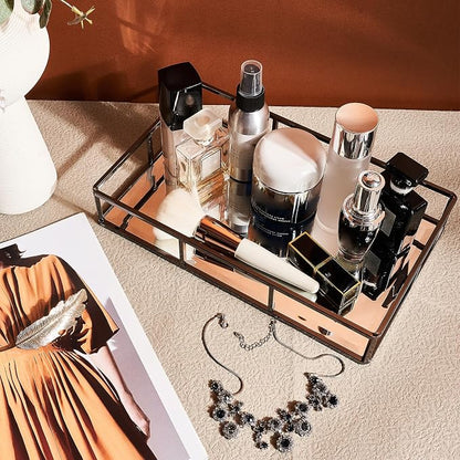 PuTwo Mirror Tray, Smoky Black Perfume Tray, Decorative Tray, Metal Vanity Tray, Jewelry Tray, Tray Decor, Decorative Trays, Glass Tray, Perfume Organizer, Vanity Trays for Bathroom, Counter, Bathroom | Smoky Black Tray Jewelry Perfume Organizer Makeup...