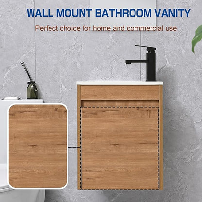 16" Bathroom Vanity Sink Combo for Small Space, Wall Mounted Bathroom Cabinet Set with White Resin Basin Sink Top Black Faucet Pop Up Drain Nature