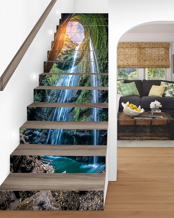 FLFK Waterfall Stair Stickers - Set of 15, Peel and Stick Stair Riser Decals, 39.3"x7.08"