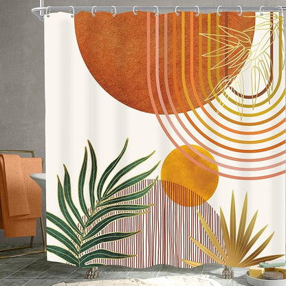Mid Century Orange Boho Abstract Modern S Bathroom Shower Curtain Set | 72Wx72L Plant Botanical design, waterproof HD print with fast-drying fabric and 12 hooks.