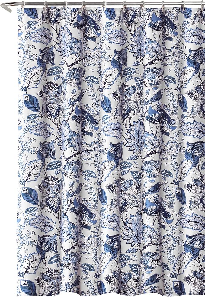 Lush Decor, Blue Cynthia Jacobean Shower Curtain-Fabric Floral Print Design,72 x 72