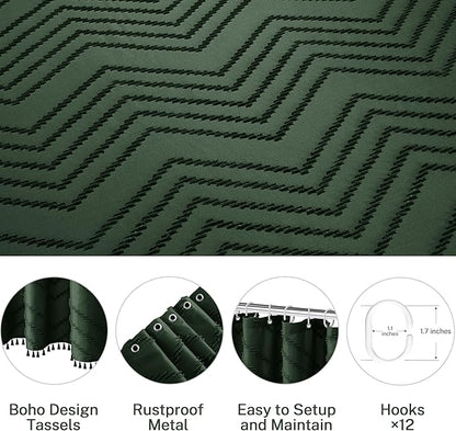Dark Green Boho Shower Curtain with Tassel Woven Fabric Shower Curtain 72 x 72 Modern Farmhouse Textured Tufted Chevron Striped Minimalist Shower Curtains for Bathroom
