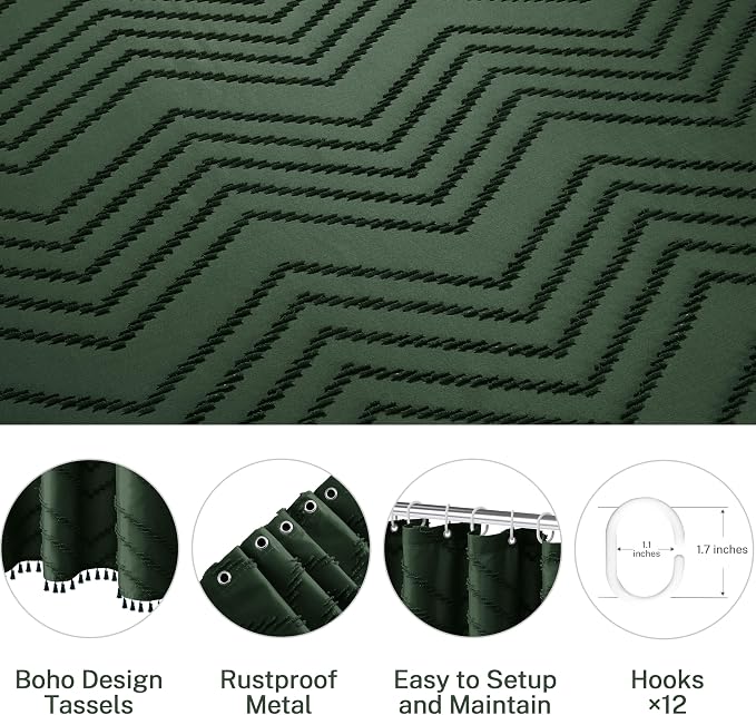 Siiluminisoy Extra Long Dark Green Boho Shower Curtain with Tassel, Woven Fabric 96 in Shower Curtain, Tufted Chevron Striped, 72 x 96, Modern Chic Textured Minimalist Bathroom Shower