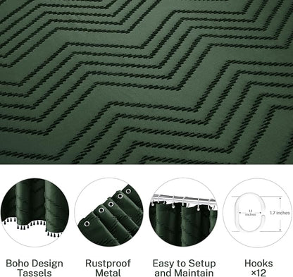 Siiluminisoy Extra Long Dark Green Boho Shower Curtain with Tassel, Woven Fabric 84 in Shower Curtain, Tufted Chevron Striped, 72 x 84, Modern Chic Textured Minimalist Bathroom Shower