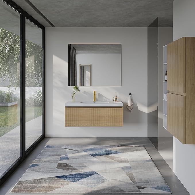 42'' Floating Bathroom Vanity with Sink Combo, Modern Wall-Mounted Striped Bathroom Storage Cabinet with Soft-Close Drawer and Glossy White Solid Surface Basin, No Assembly Required, Natural Oak
