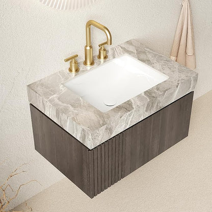 Ambrovina 30" Floating Bathroom Vanity with Sink, Modern Plywood Storage Cabinet with Drawer and Door, Gray Sintered Stone Countertop and 3 Pre-drilled Faucet Holes Ceramic Basin, Espresso Woodgrain