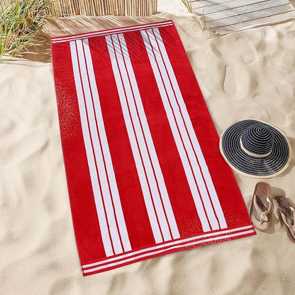 Superior Oversized Cotton Beach Towel Set of 4, Absorbent Towels for Bathroom, Beach, Pool, Swim, Adults, Kids, Vacation, Travel, Bath Sheet, Quick Dry Basics, Trip Essentials, Striped Decor, Red