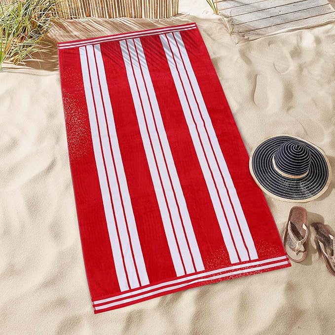 Superior Oversized Cotton Beach Towel Set of 2, Absorbent Towels for Bathroom, Beach, Pool, Swim, Adults, Kids, Vacation, Travel, Bath Sheet, Quick Dry Basics, Trip Essentials, Striped Decor, Red