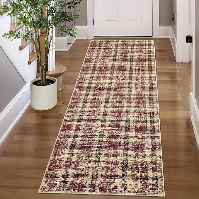 Washable Rugs 2x10 Runner Rug Modern Plaid Bathroom Rugs Non Slip Kitchen Runner Low Pile Entryway Rug Soft Runners Stain Resistant Carpet for Laundry Hallway Bedside 2'x10' Red