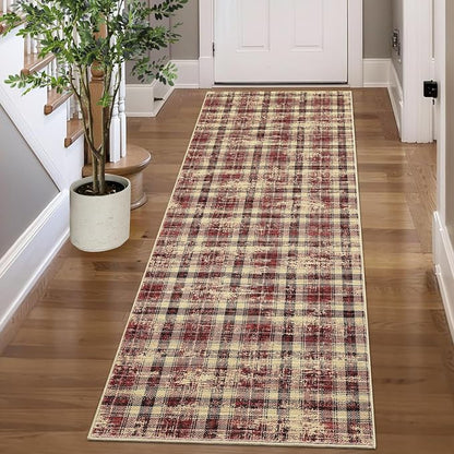 Washable Rugs 2x10 Runner Rug Modern Plaid Bathroom Rugs Non Slip Kitchen Runner Low Pile Entryway Rug Soft Runners Stain Resistant Carpet for Laundry Hallway Bedside 2'x10' Red