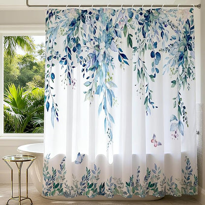 120GSM Shower Curtain Blue Eucalyptus Shower Curtains for Bathroom, Waterproof Leaf Shower Curtain Sets,Leaves Fabric Cloth Bathroom Curtains 72x72 inch with Hooks