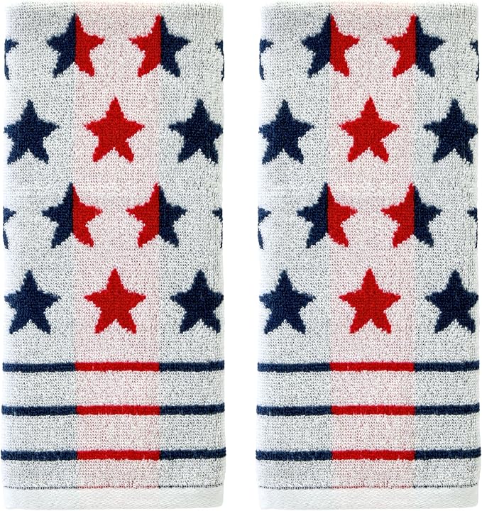 SKL Home Red White and Stars Hand Towel Set-2pc, Reversible Jacquard, Multi | 100% Cotton. Fun for Memorial Day/4th of July/Labor Day & all patriotic holidays. For the bathroom, kitchen or bar.