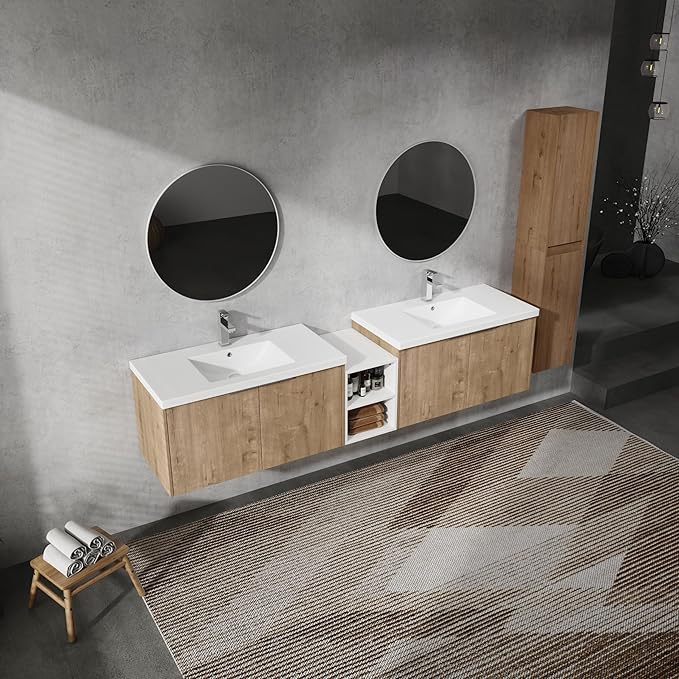 84" Floating Double Sink Bathroom Vanity Brown Wall Mount Bathroom Vanity Cabinet with Sink Combo, 84-Inch Bathroom Vanities Set with Open Storage Shelf & 2 Side Cabinet & 2 36in Bathroom Vanities