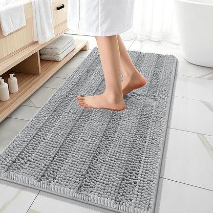 OLANLY Thick Bathroom Runner Rugs 47x20, Chenille Bath Rugs, Light Grey | Absorbent Striped, Rubber Backing, Machine Wash, Long Bath Mats for Bathroom Floor, Tub and Shower, Home Decor Accessories