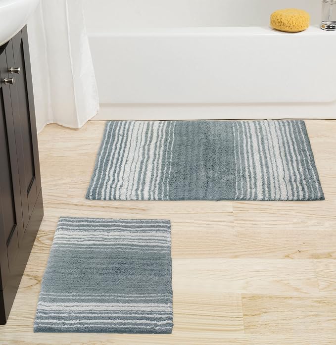 Home Weavers 100% Cotton Gradiation Collection Bathroom Décor | Washable Rug | Bathroom Mat | Kitchen Mat | Bathroom Rug Set | Bath Mat Set | Bath Floor Mat Non Slip, 2 Piece Set(S+M), Gray