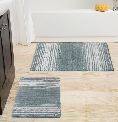Home Weavers 100% Cotton Gradiation Collection Bathroom Décor | Washable Rug | Bathroom Mat | Kitchen Mat | Bathroom Rug Set | Bath Mat Set | Bath Floor Mat Non Slip, 2 Piece Set(S+M), Gray