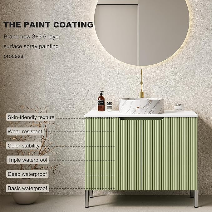 30" Bathroom Vanity with Sink, Modern Bathroom Vanities with Durable Marble Ceramic Basin and Sintered Stone Countertop, Soft Closing Door, Freestanding Bathroom Cabinet, Soft Green
